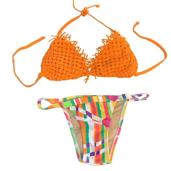 Recco brazilian bright orange knitted fringe top & striped bikini bottom New - Picture 1 of 7